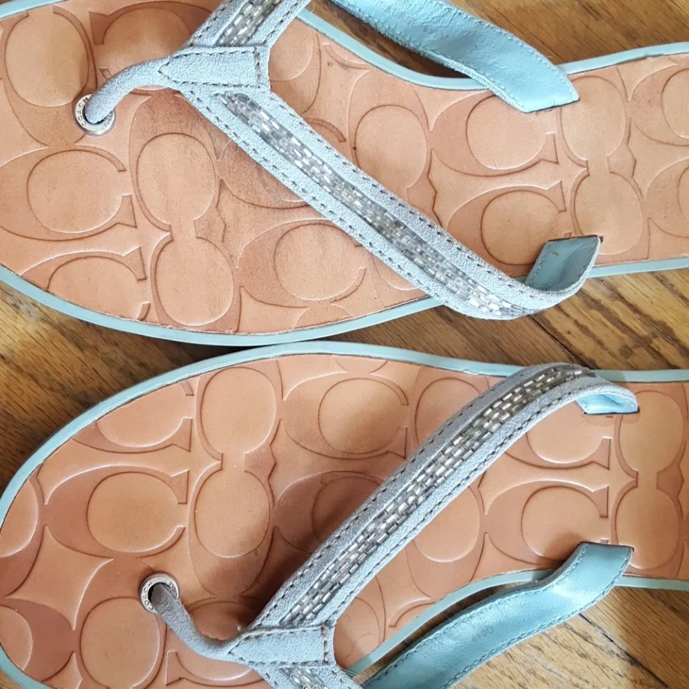 Coach Light Blue and Tan Embossed Logo Flip Flop Sandals